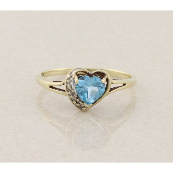 10k Yellow Gold Natural Swiss Blue Topaz & Diamond Heart Ring Size 8 1/4 - Picture 1 of 7